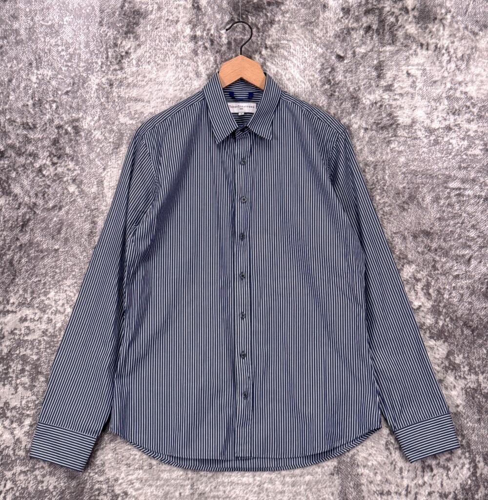 Teddy Stratford Shirt 3 / Medium Mens Indigo Blue Pinstripe Long Sleeve